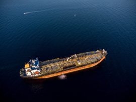 Aerial drone photo of industrial fuel and petrochemical tanker cruising sea