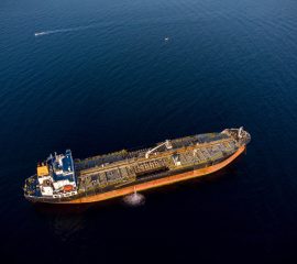 Aerial drone photo of industrial fuel and petrochemical tanker cruising sea