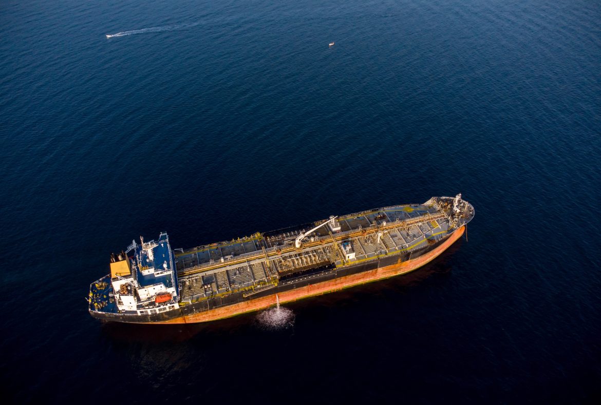 Aerial drone photo of industrial fuel and petrochemical tanker cruising sea
