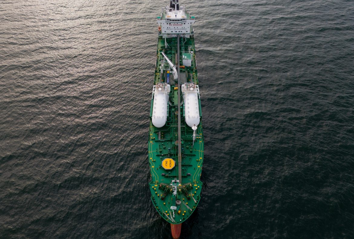 Aerial view oil ship tanker carrier oil on the sea